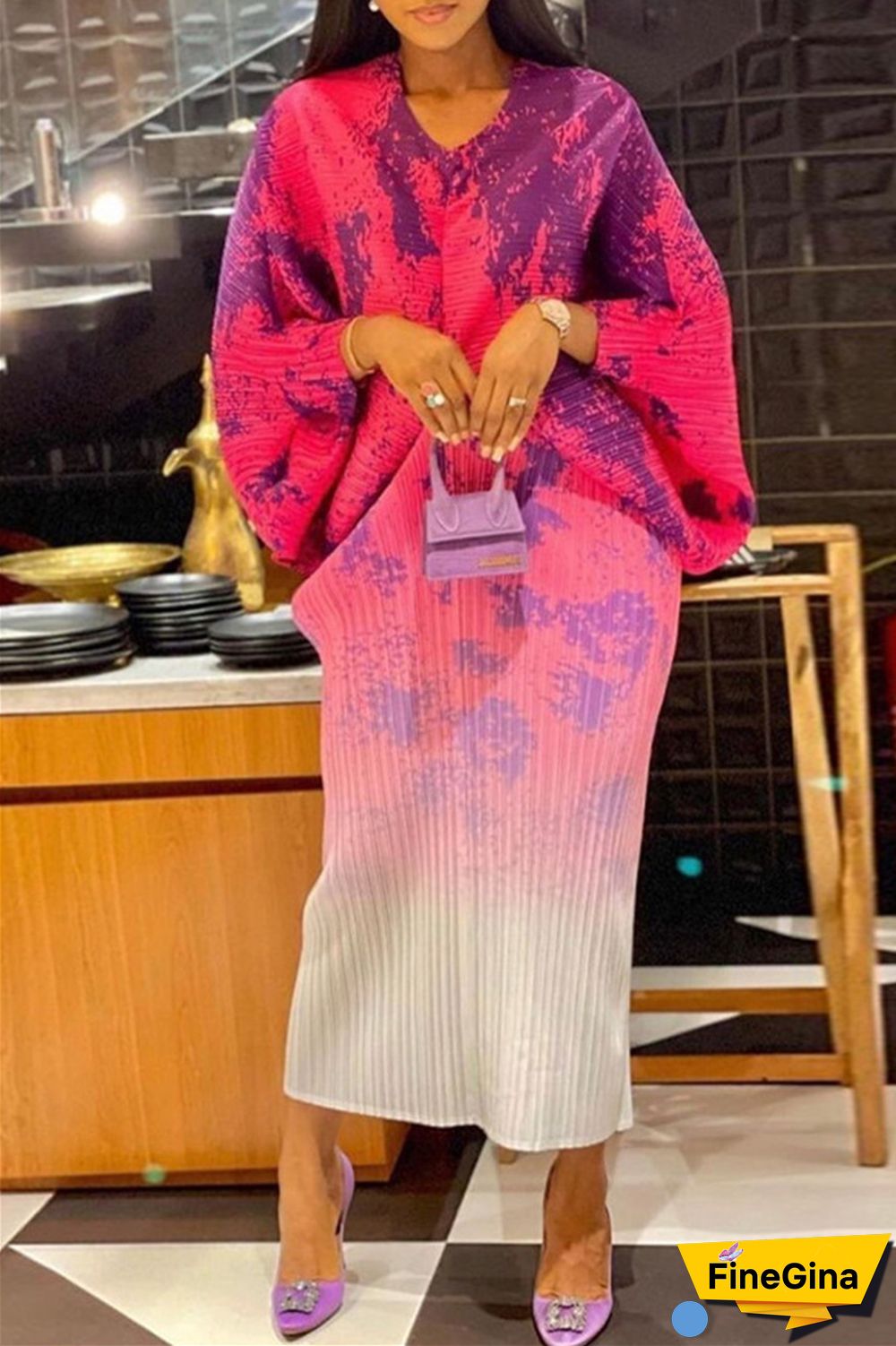 Pink Purple Casual Print Patchwork V Neck Pencil Skirt Plus Size Dresses