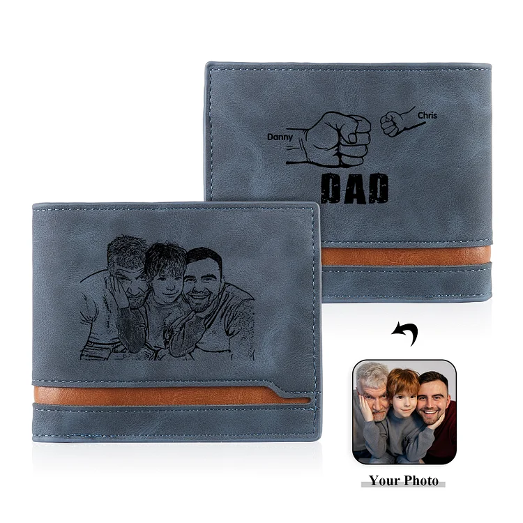 2 Names - Personalized Photo Custom Leather Men's Folding Wallet as a Father's Day Gift for Dad