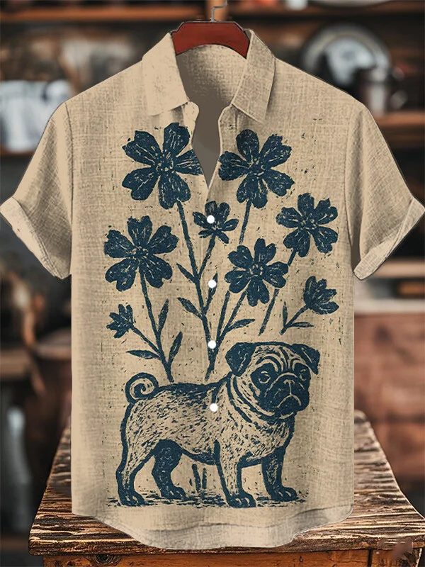 Men's French Bulldog And Flowers Art Print Short Sleeve Shirt