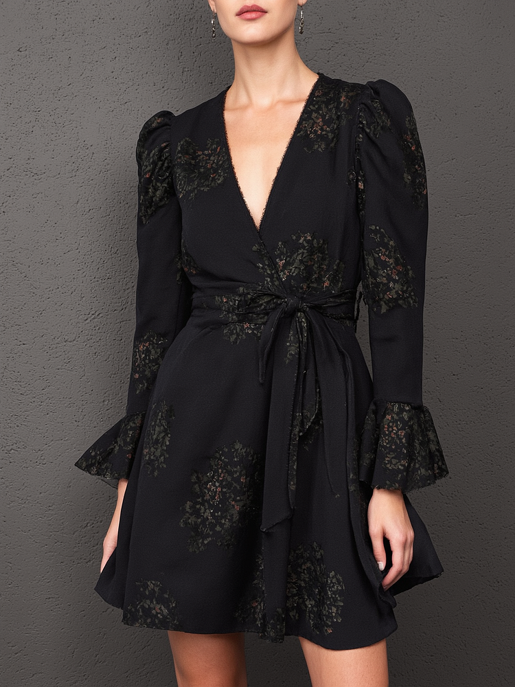 V-Neck Ruffle Sleeves Printed Dress
