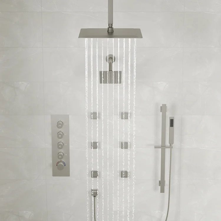 Thermostatic Rainfall Bathroom Shower System in Brushed Nickel SFS