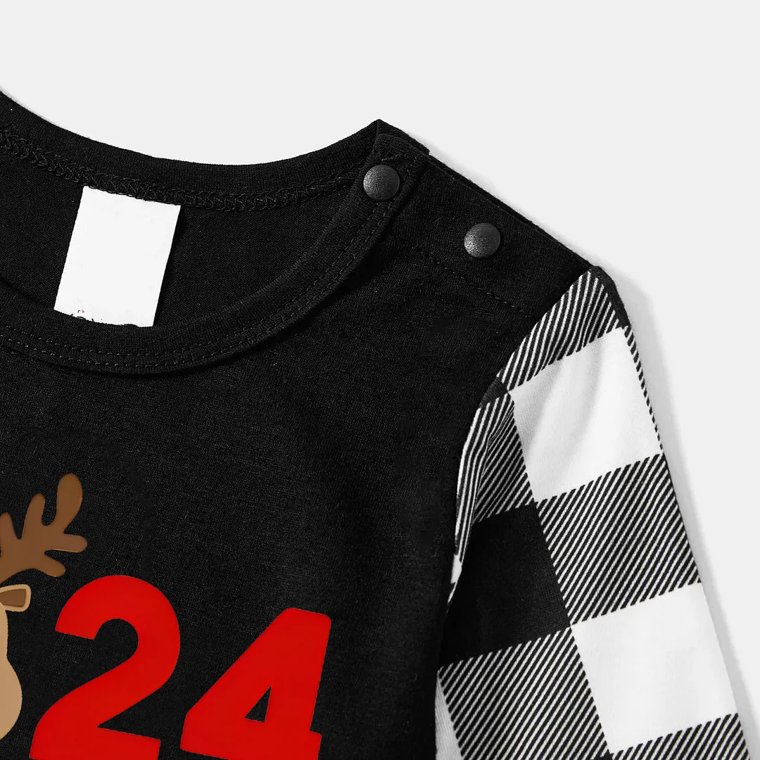 "2024 Family Christmas" Moose Letter Print Black Long Sleeve Top with Black And White Plaid Pants Family Matching Pajamas