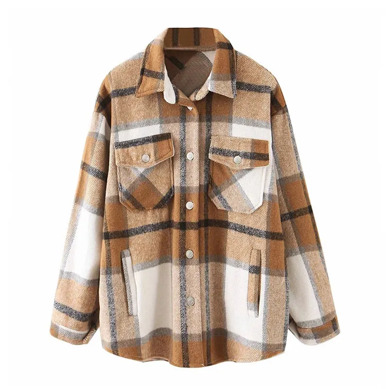 Aachoae Loose Casual Wool Plaid Jacket Women Turn Down Collar Fashion Coat With Pockets Autumn Long Sleeve Ladies Jackets Coats