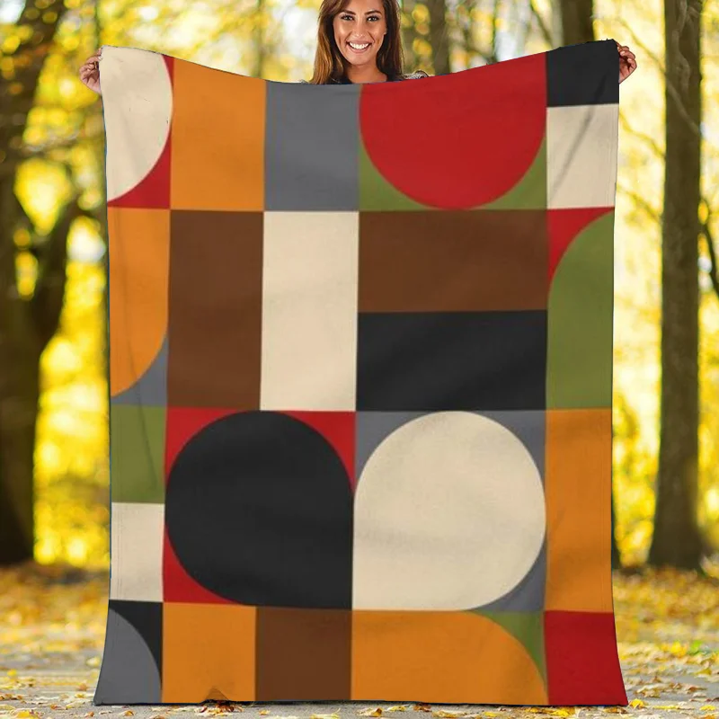 MCM Geometric Abstract Retro Red Gray Black Mustard Brown and Green Sherpa Fleece Blanket