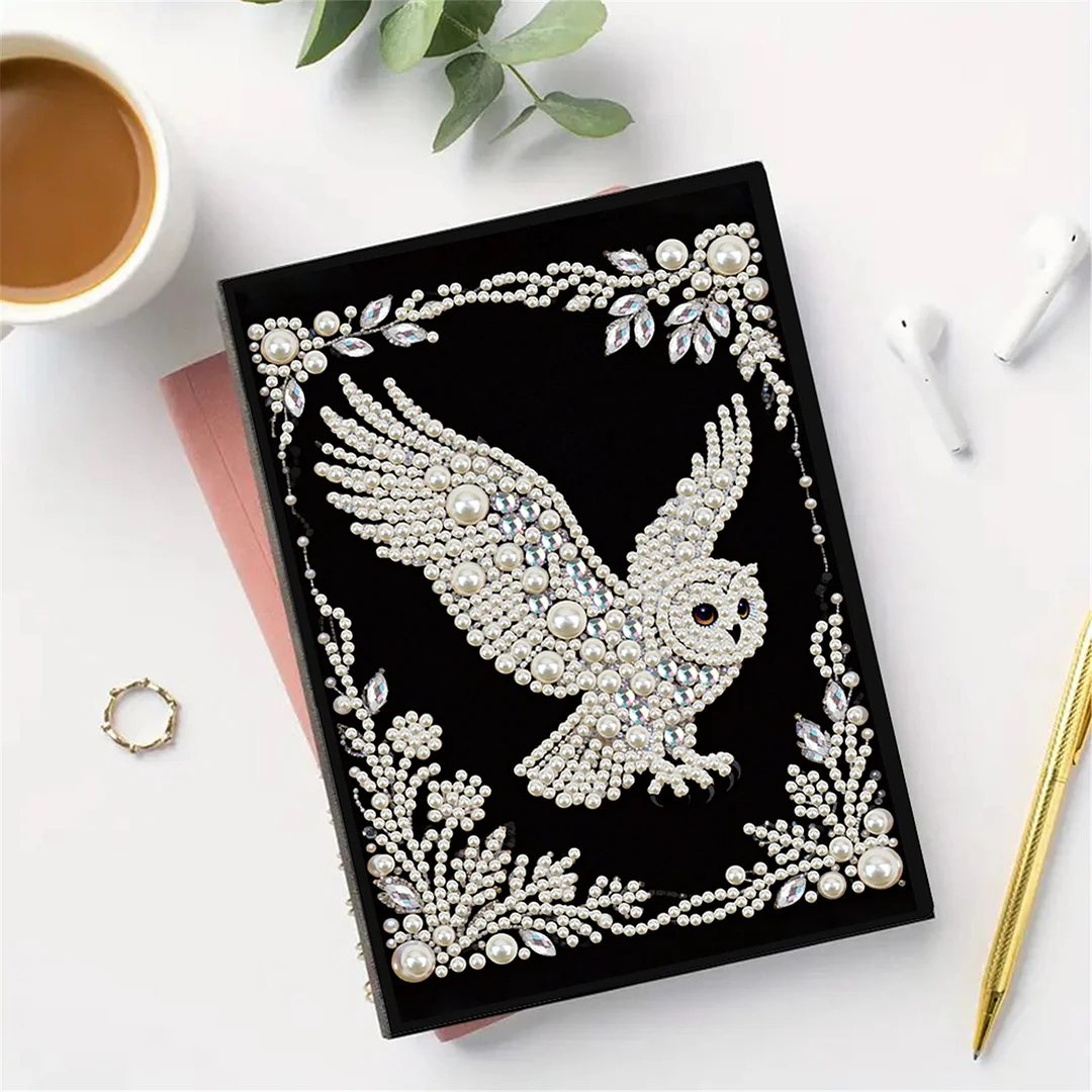 Owl Partial Pearl DIY 50 Pages A5 Diamond Painting Notebook Special Shaped Diamond Art Diary Book Kits Wireless Strip 5D Crystal Art Paintings Sketchbook for Art Drawing