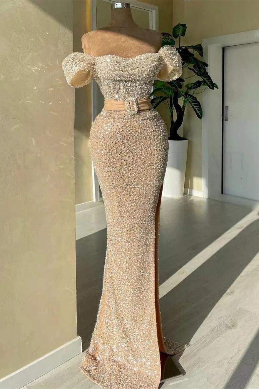 Chic Off-the-Shoulder Sleeveless Mermaid Evening Gown With Split Sequins Long - lulusllly