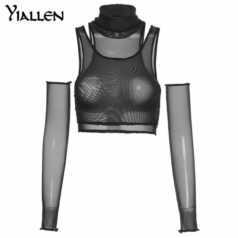 Yiallen Sexy Mesh Top See Through Knitted Straped Women Tank Tops 2 Pieces Streetwear With Gloves Turtleneck Clubwear Punk 2021