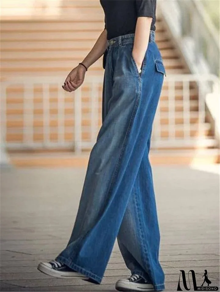 MidiSono - Women's Stitching Stonewashed Effect Wide-Leg Pocket Jeans