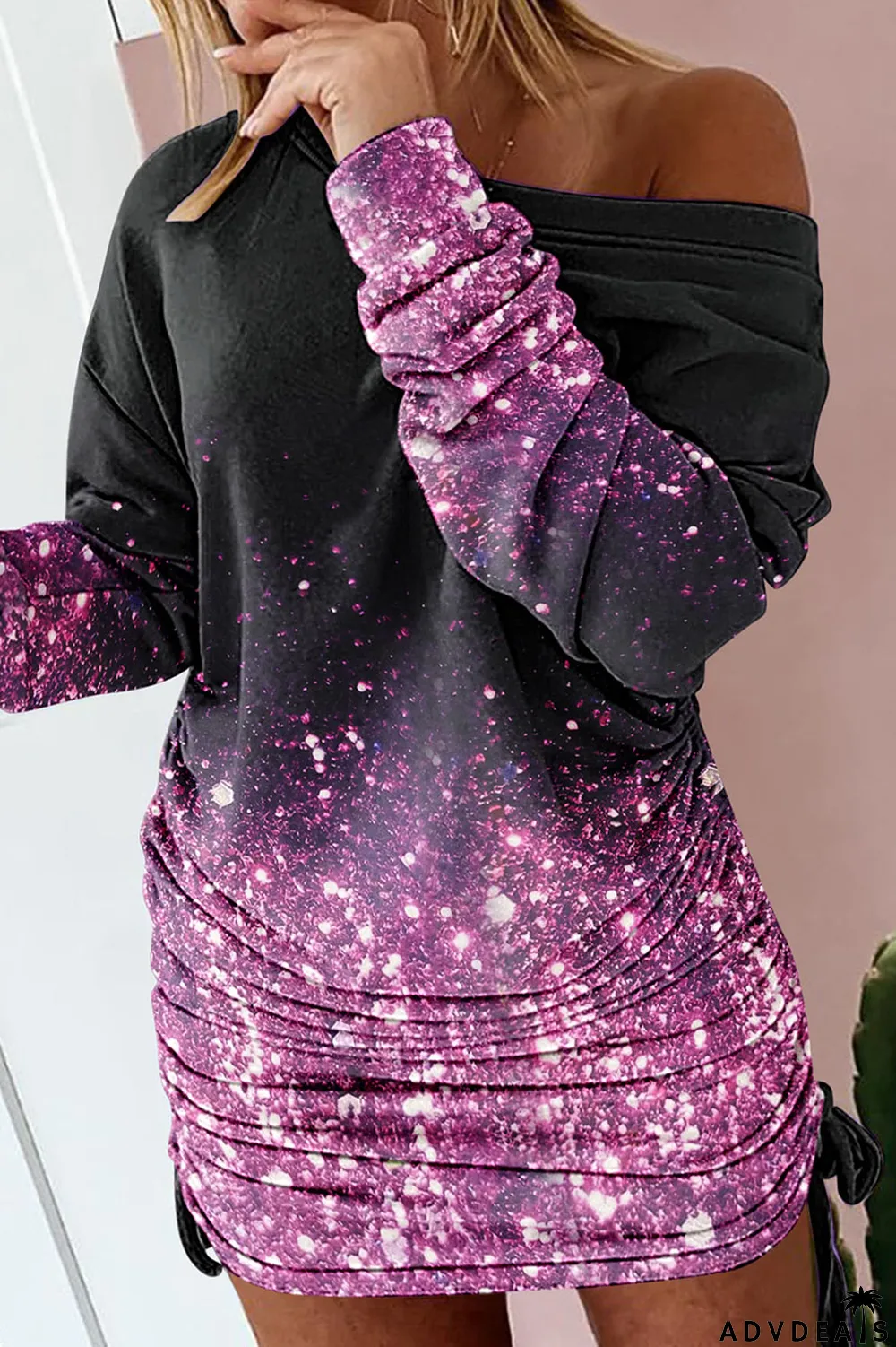 Purple Sexy Print Patchwork Draw String Fold O Neck One Step Skirt Dresses