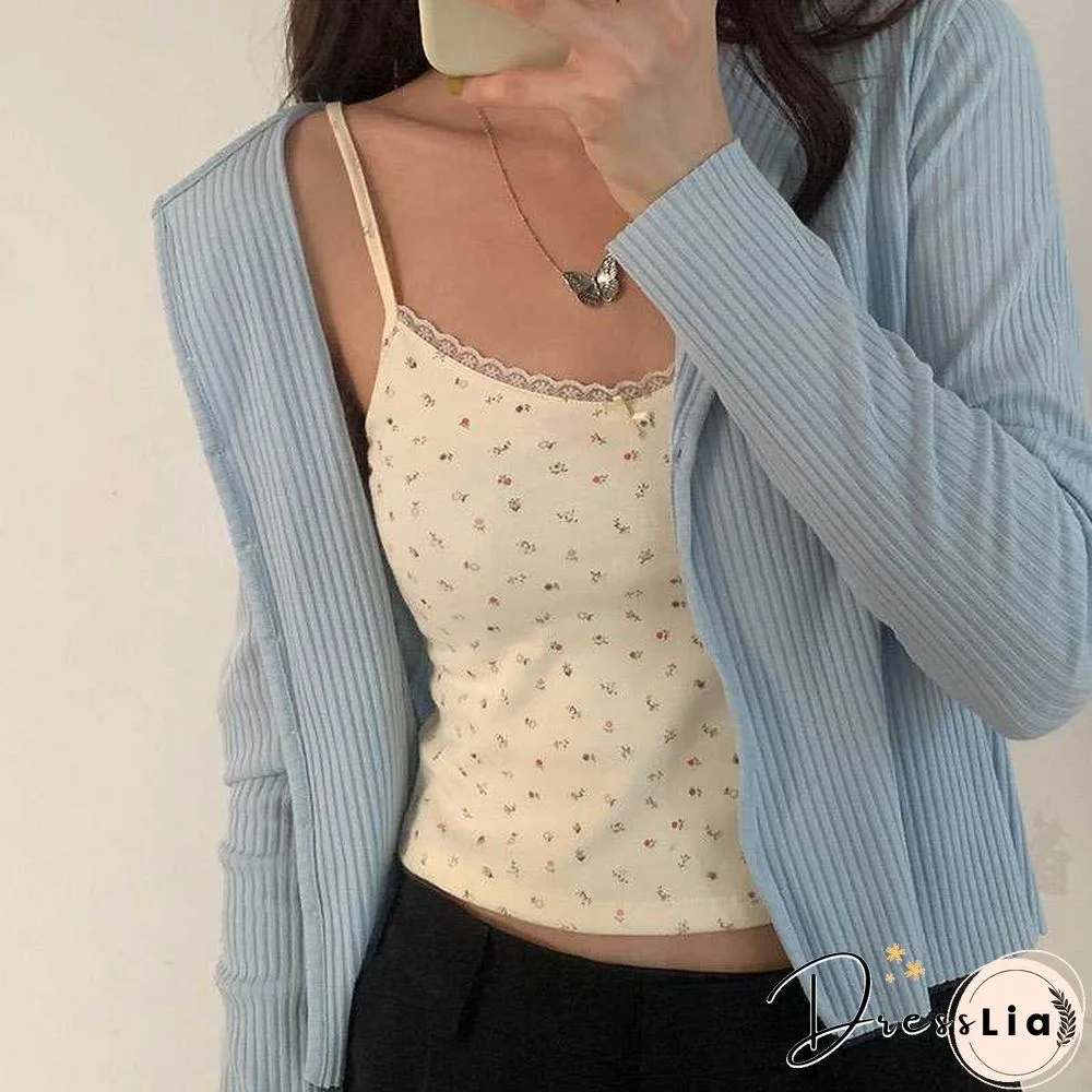 Ribbed Knit Flower Prints Cropped Cami Tops Lace Trim Tank