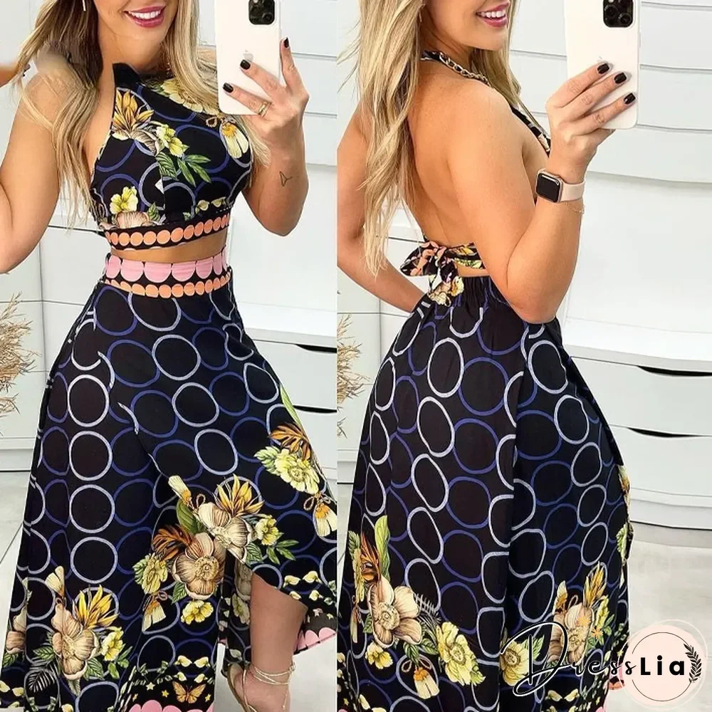 New Ladies Casual Floral Print Halter Neck Lace Short Top + High Slit Skirt Long Skirt Suit
