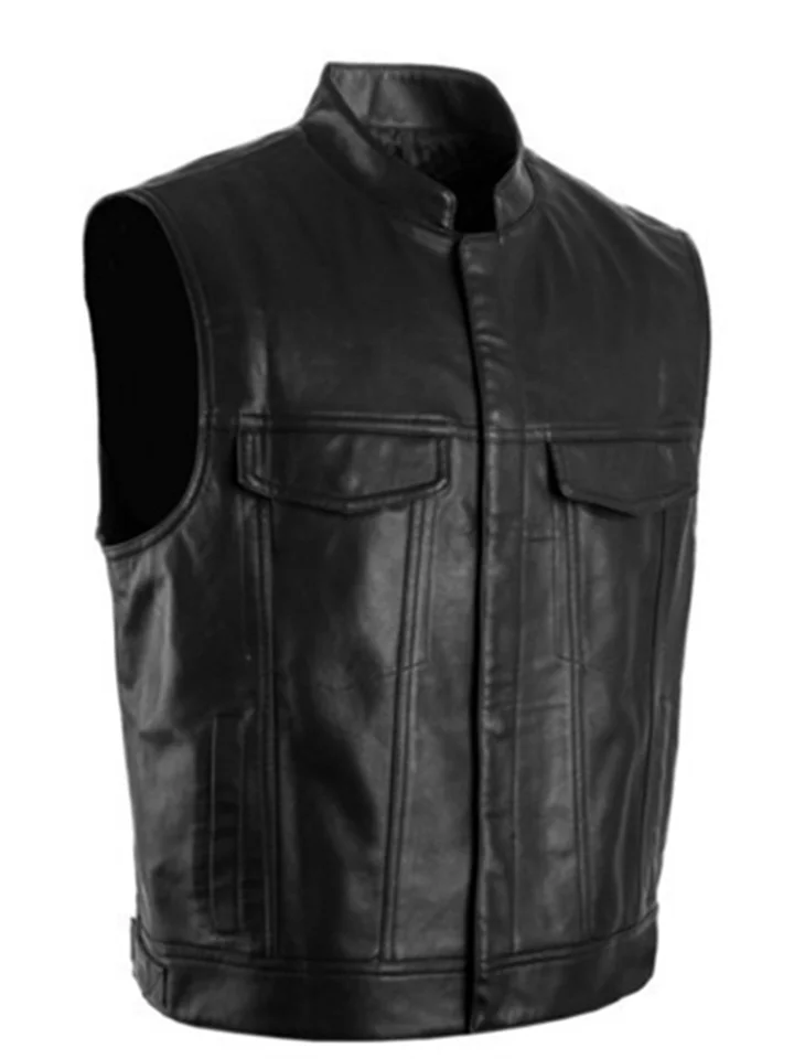 Men's Casual Solid Color Vest Biker Stand-up Collar Single-breasted Sleeveless Multi-pocket Leather Vest Fleet Punk Shoulders