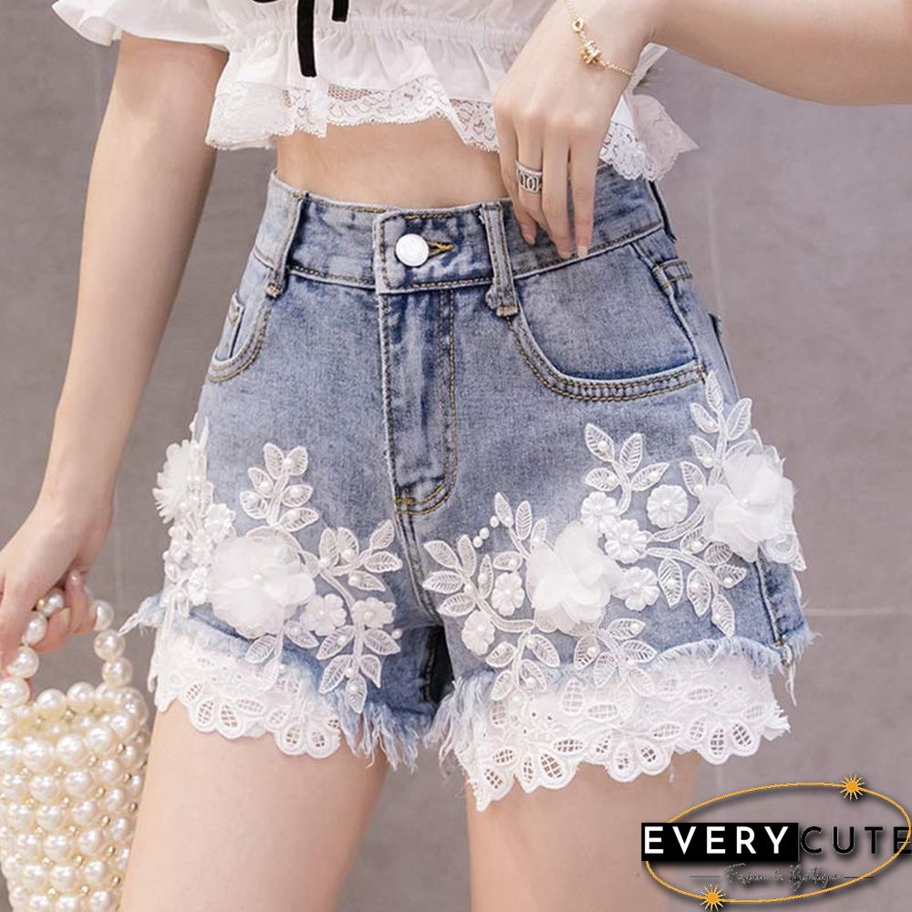 Blossom Embroidery Lace Denim Shorts