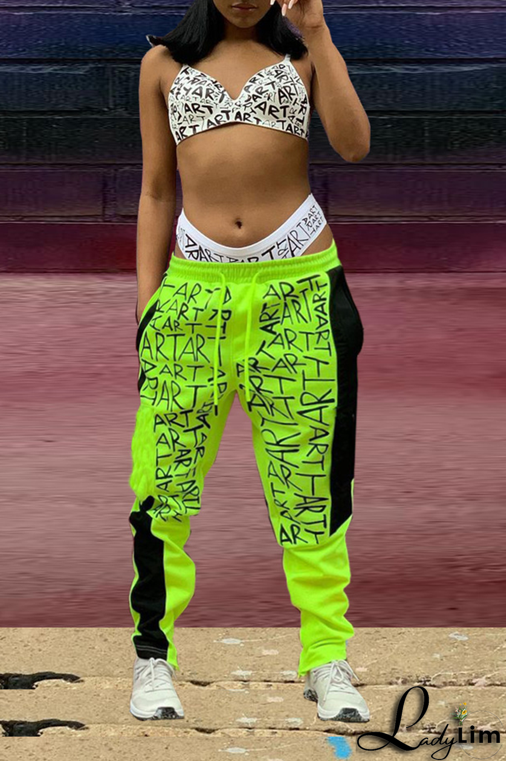 Green Casual Print Patchwork Harlan Mid Waist Harlan Full Print Bottoms