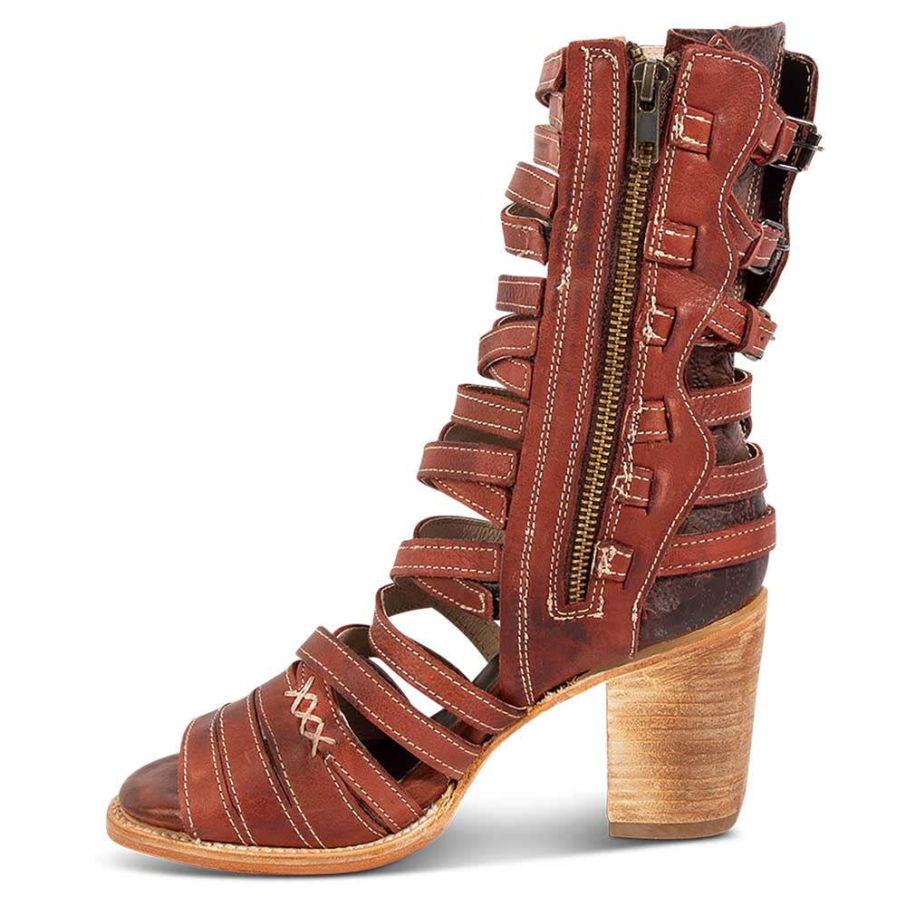 Brown Vegan Leather Stitched Buckle Strap Side-Zip Summer Boots     Nicepairs