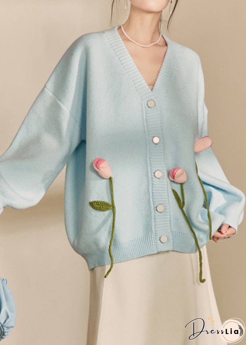 Loose Blue V Neck Button Patchwork Knit Cardigan Spring