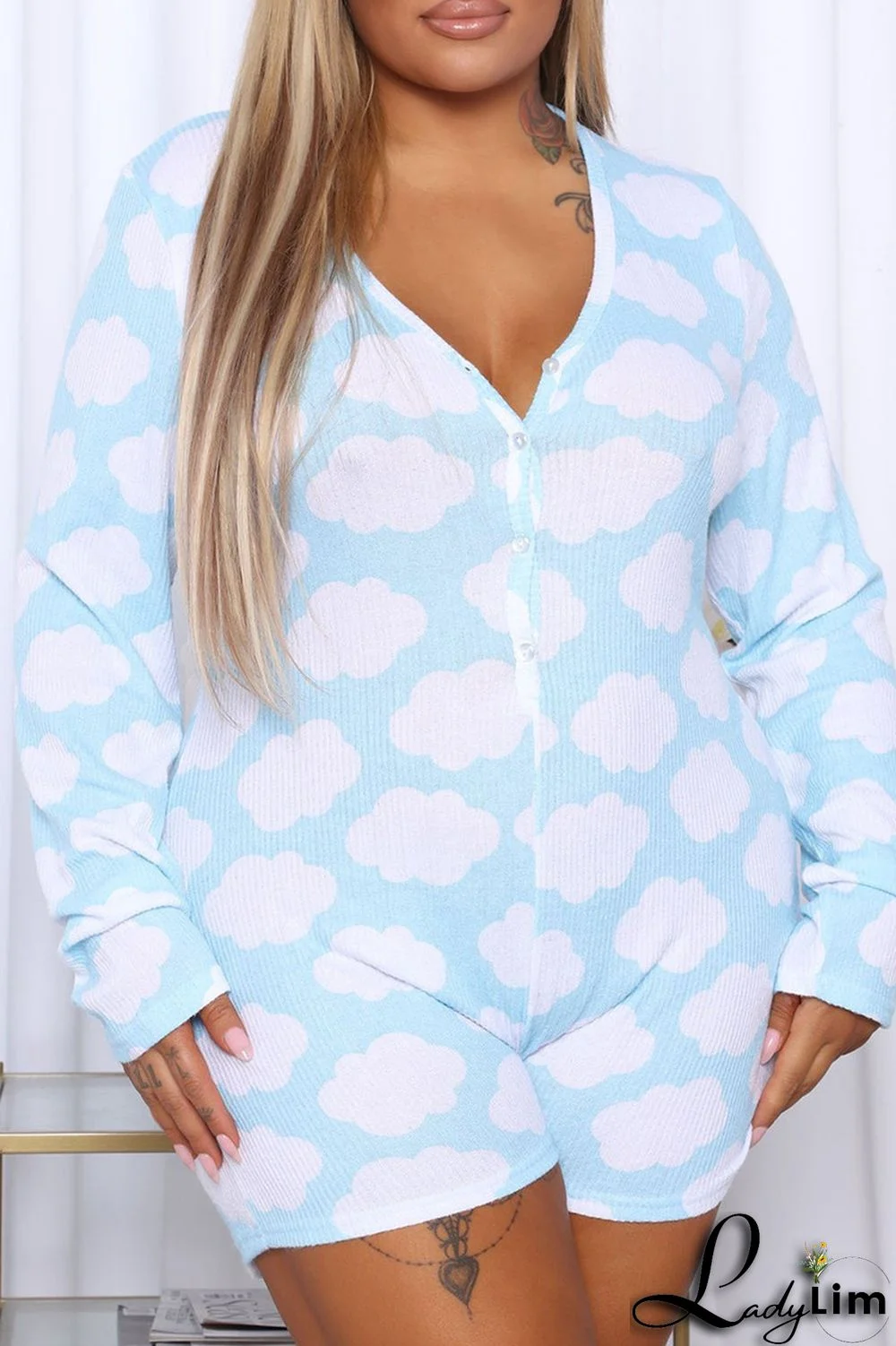 Light Blue Fashion Casual Living Print Basic V Neck Long Sleeve Skinny Romper