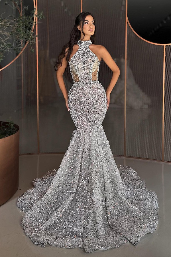Dresseswow Silver High Neck Sleeveless Mermaid Prom Dress With Sequins