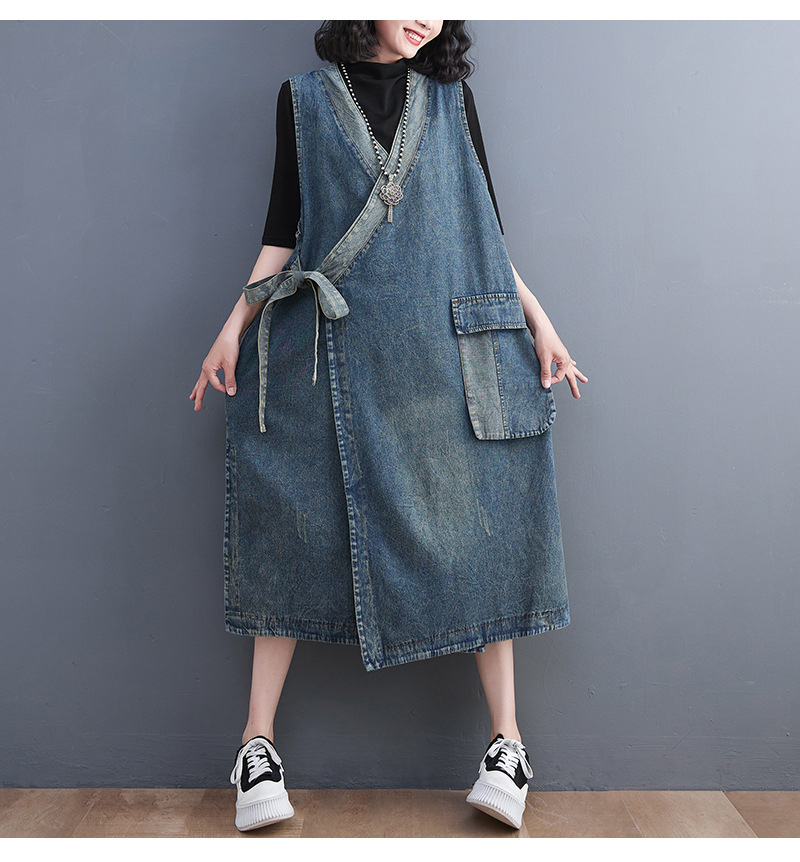 Vintage Solid Color Lace-Up Denim Midi Dress