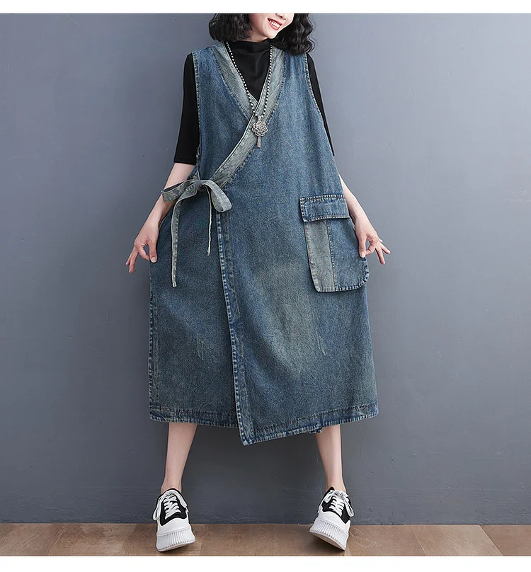 Vintage Solid Color Lace-Up Denim Midi Dress - yankia