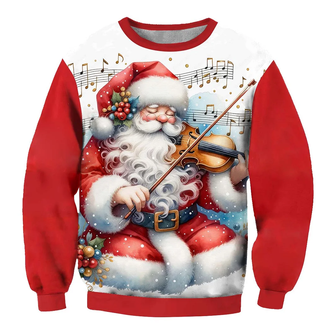 Men's Vintage Santa Play The Violin Print Crew Neck Ugly Christmas Sweatshirt