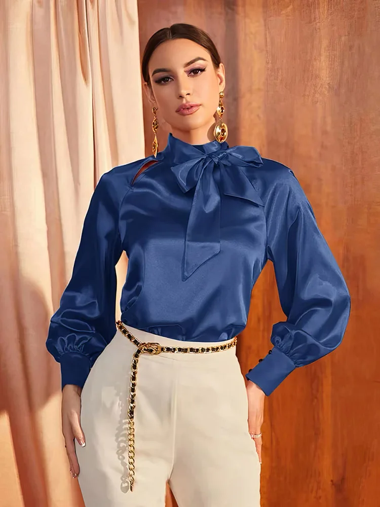 Women's Blouses Elegant Solid Color Bow Tie Collar Long Sleeve Blouse