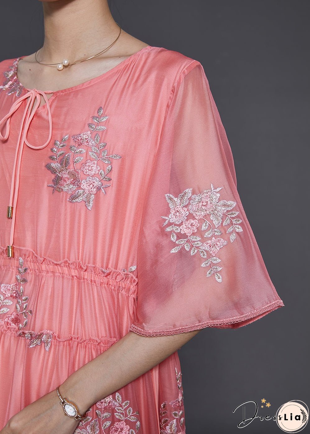 Women Pink Embroidered Silk Cinched Dress Summer