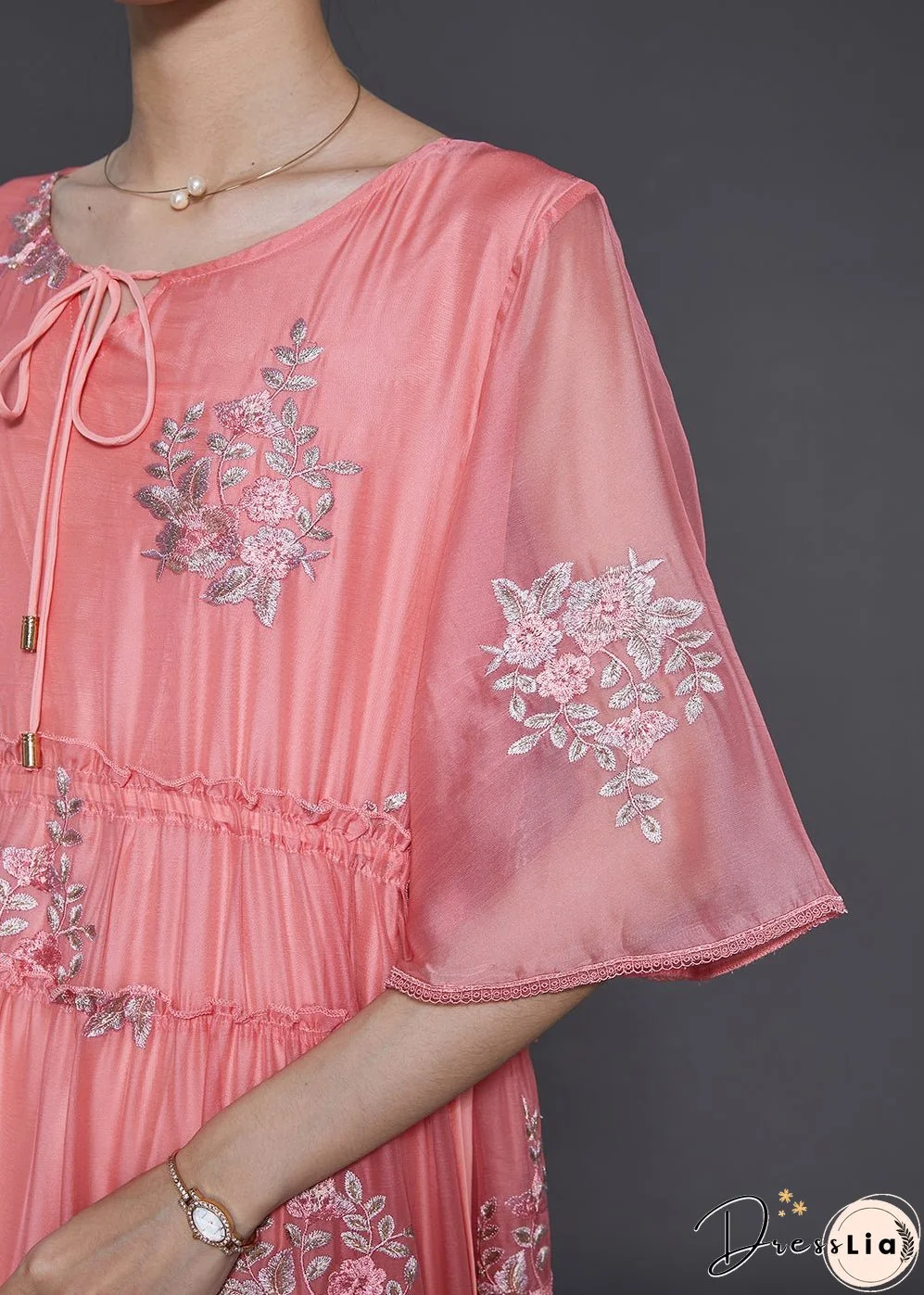 Women Pink Embroidered Silk Cinched Dress Summer