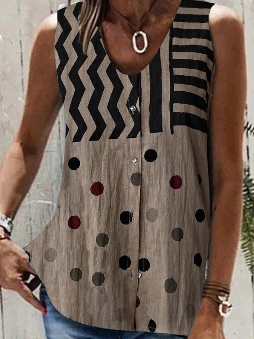 Women's Khaki V-neck Sleeveless Striped Polka Dot Top
