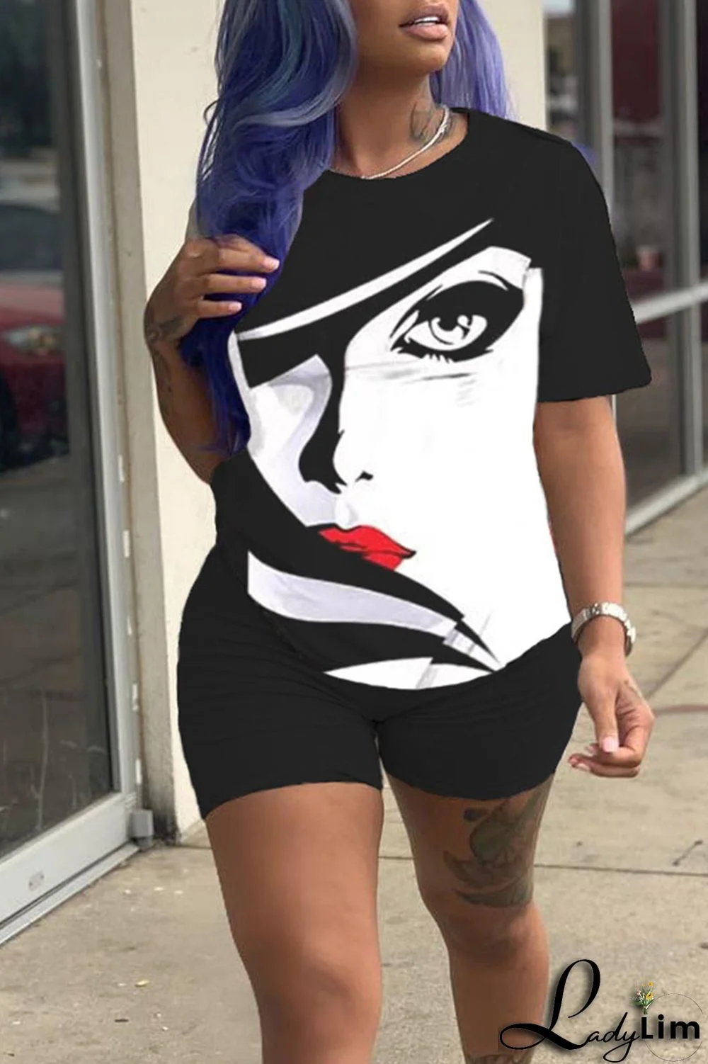 Black Casual Print Patchwork O Neck Short Sleeve Two Pieces