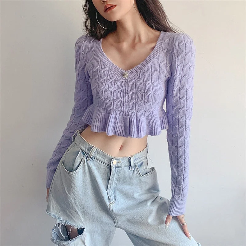 WannaThis Knit Crop Sweater V Neck For Women Ruffles Long Sleeve Waist Korean Fashion Slim Pullover Diamond Warm Jumper Autumn