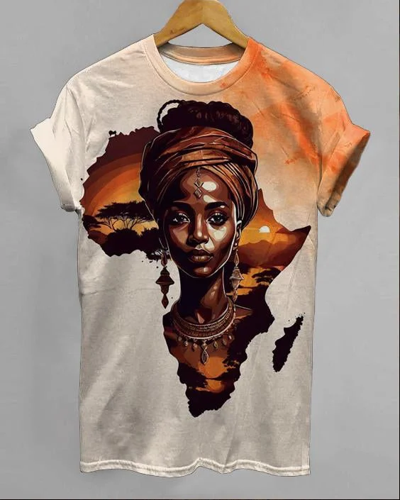 Oil Painting Black Girl African Map Printed Short Sleeve T-shirt