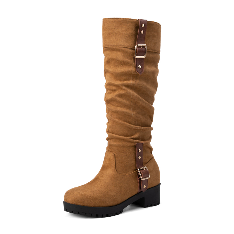 GOOSHOE Frosted Velvet Metal Belt Buckle Women's Knee High Boots Float Round Heel Long Boots