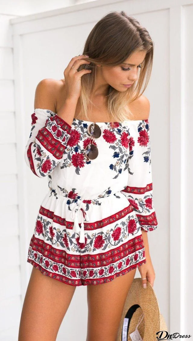 Bateau Off Shoulder Floral Print Chic Romper