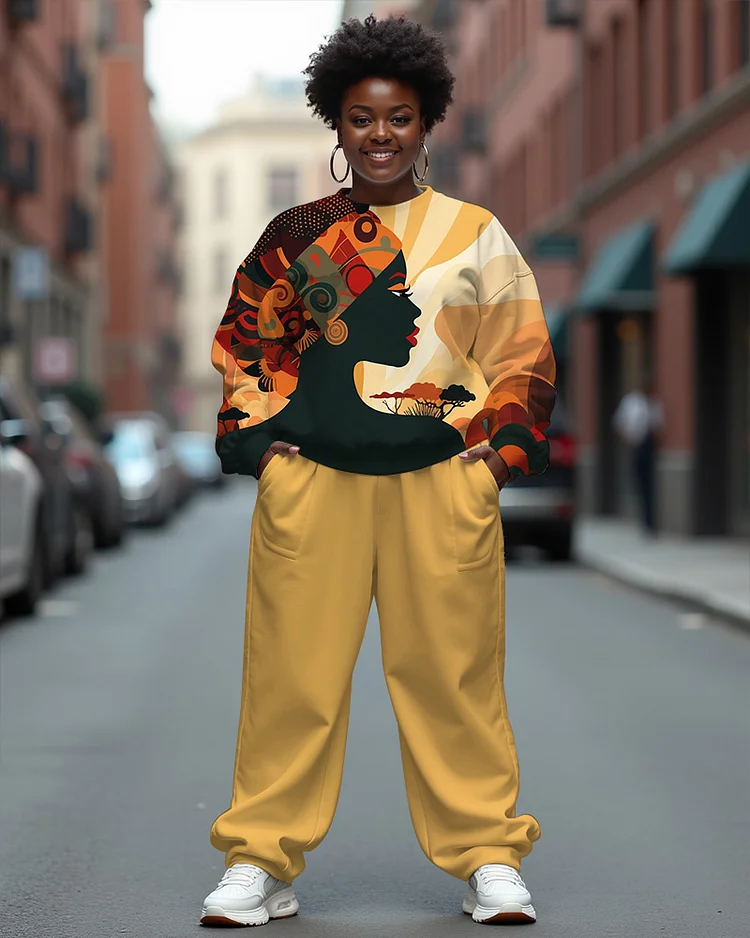 Retro Ethnic Print Long-Sleeved Sweatshirt and Solid Color Casual Pants Set