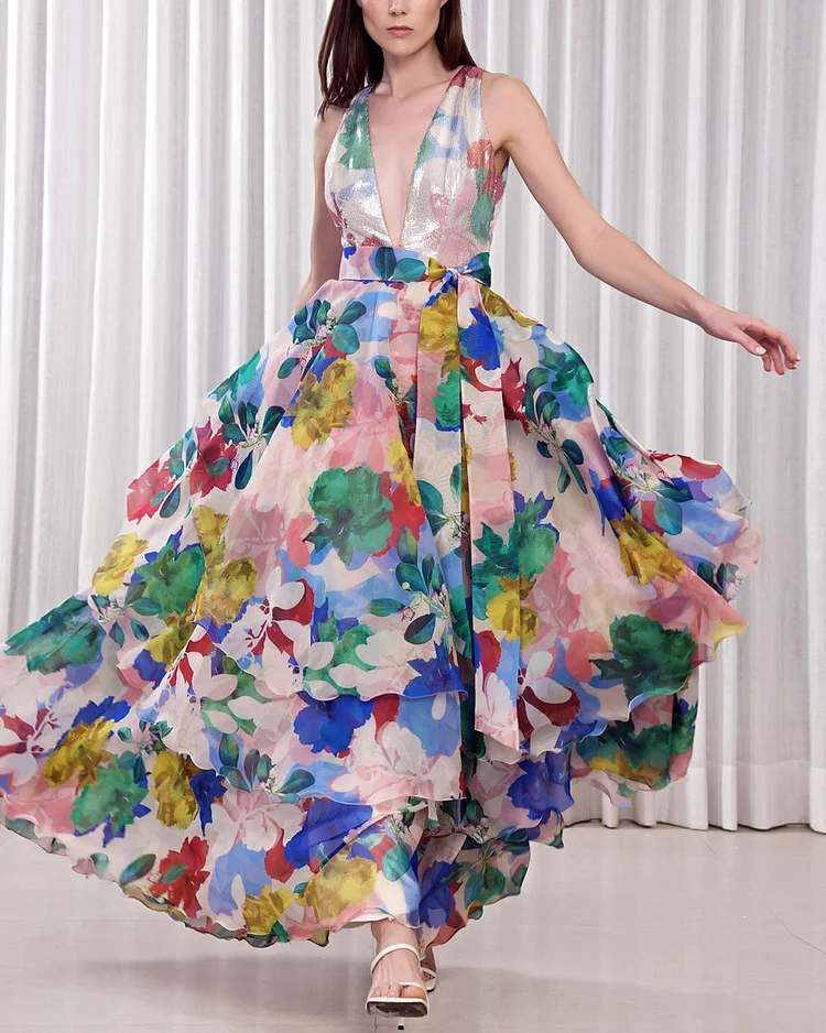 Multi Color Poly Organza Hibiscus Print Layered Gown Gown