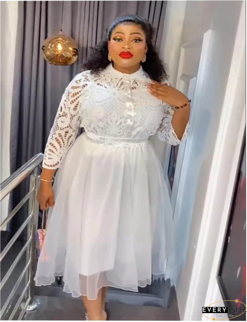 Africa Plus Size Women Lace Turndown Collar Dress Three-Piece