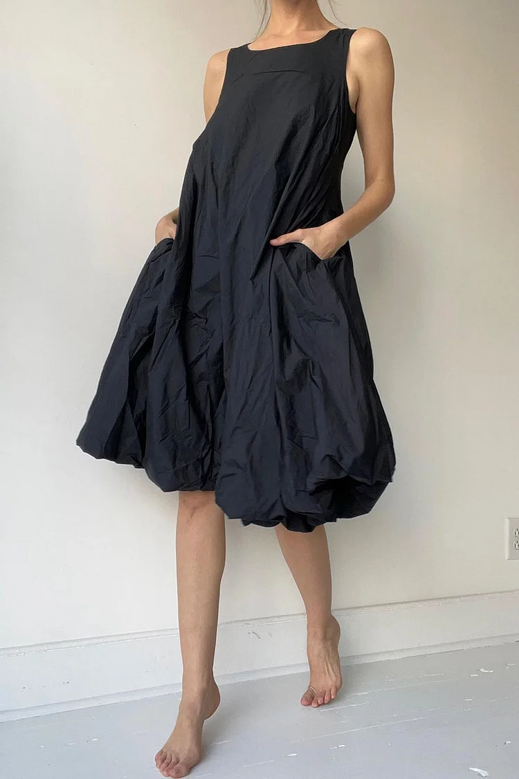 Square Neck Plain Side Pocket Sleeveless Linen Midi Dresses [Pre Order]