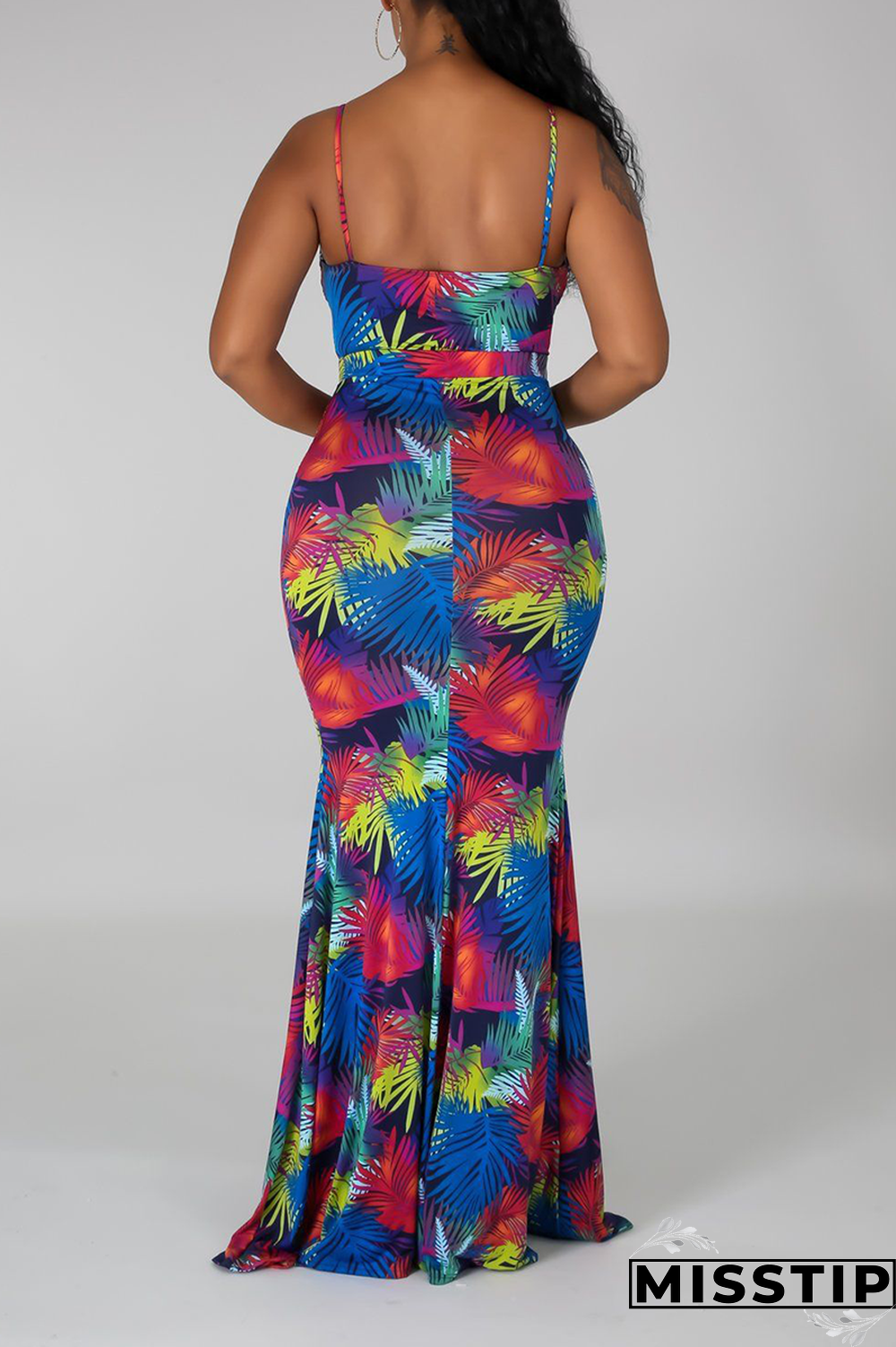 Blue Sexy Print Hollowed Out Spaghetti Strap Trumpet Mermaid Dresses