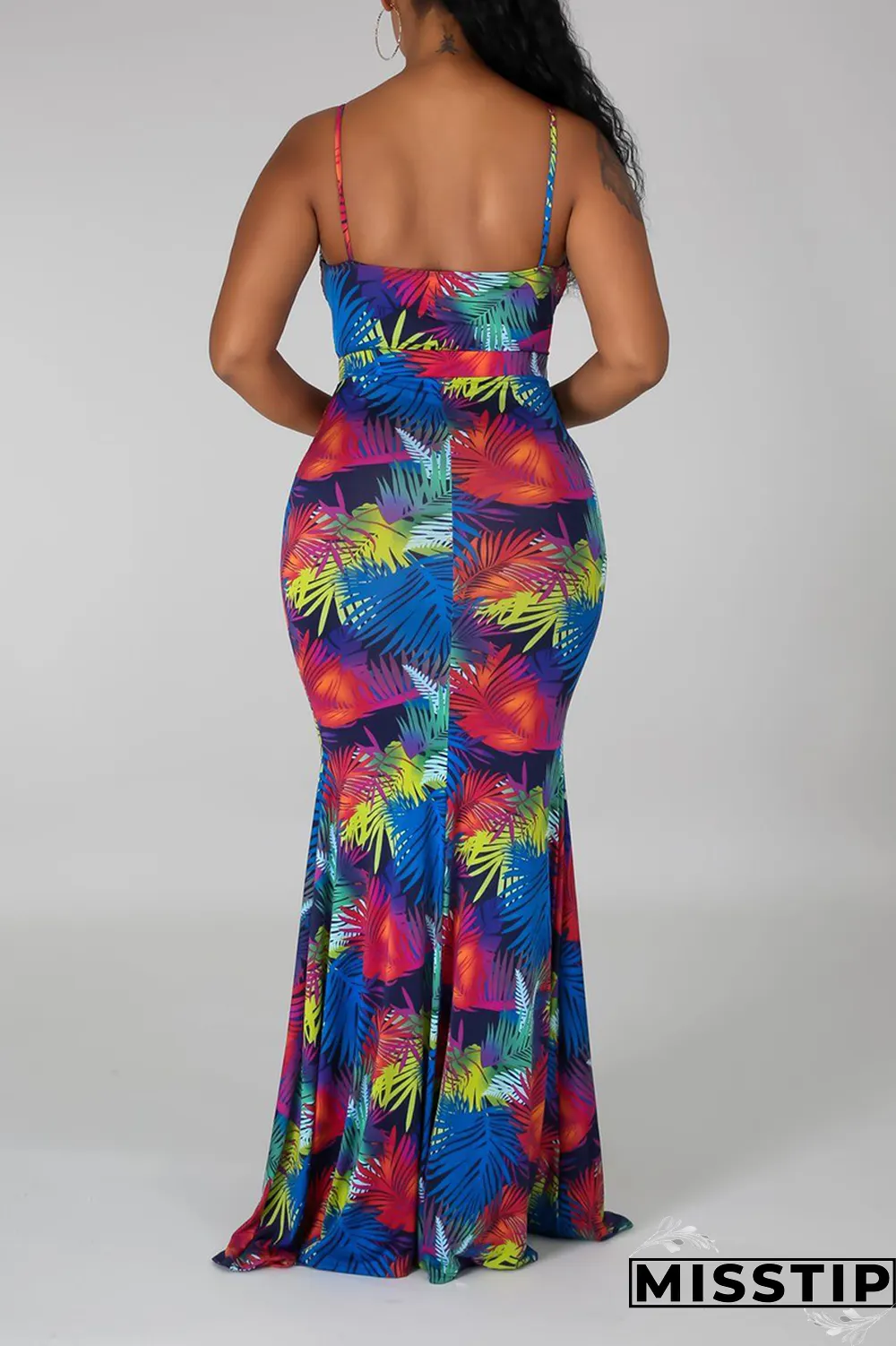 Blue Sexy Print Hollowed Out Spaghetti Strap Trumpet Mermaid Dresses