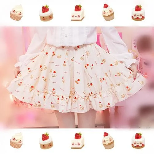S/M Creamy-White Lovely Sweet Cream Cupcake Printed Skirt Only SP165918