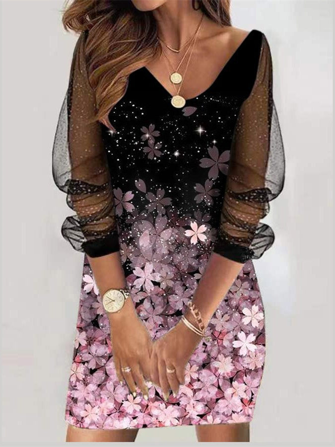Women Long Sleeve V-neck Graphic Floral Printed Top