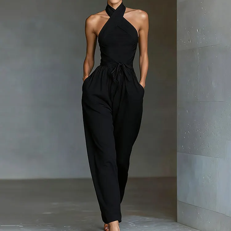 Elegant Solid Color Halter Neck Jumpsuit