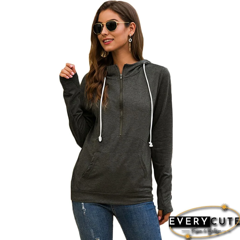 Dark Gray 1/2 Zipper Drawstring Hoodie