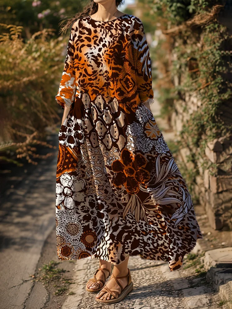 Women's Casual Leopard Pattern Floral Print Long Sleeve Dress socialshop