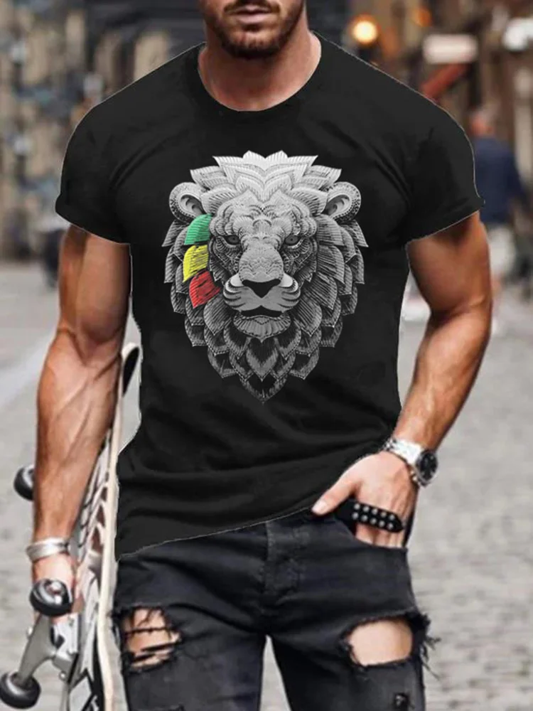 Men'S Rasta Lion Pattern Short Sleeved T-Shirt
