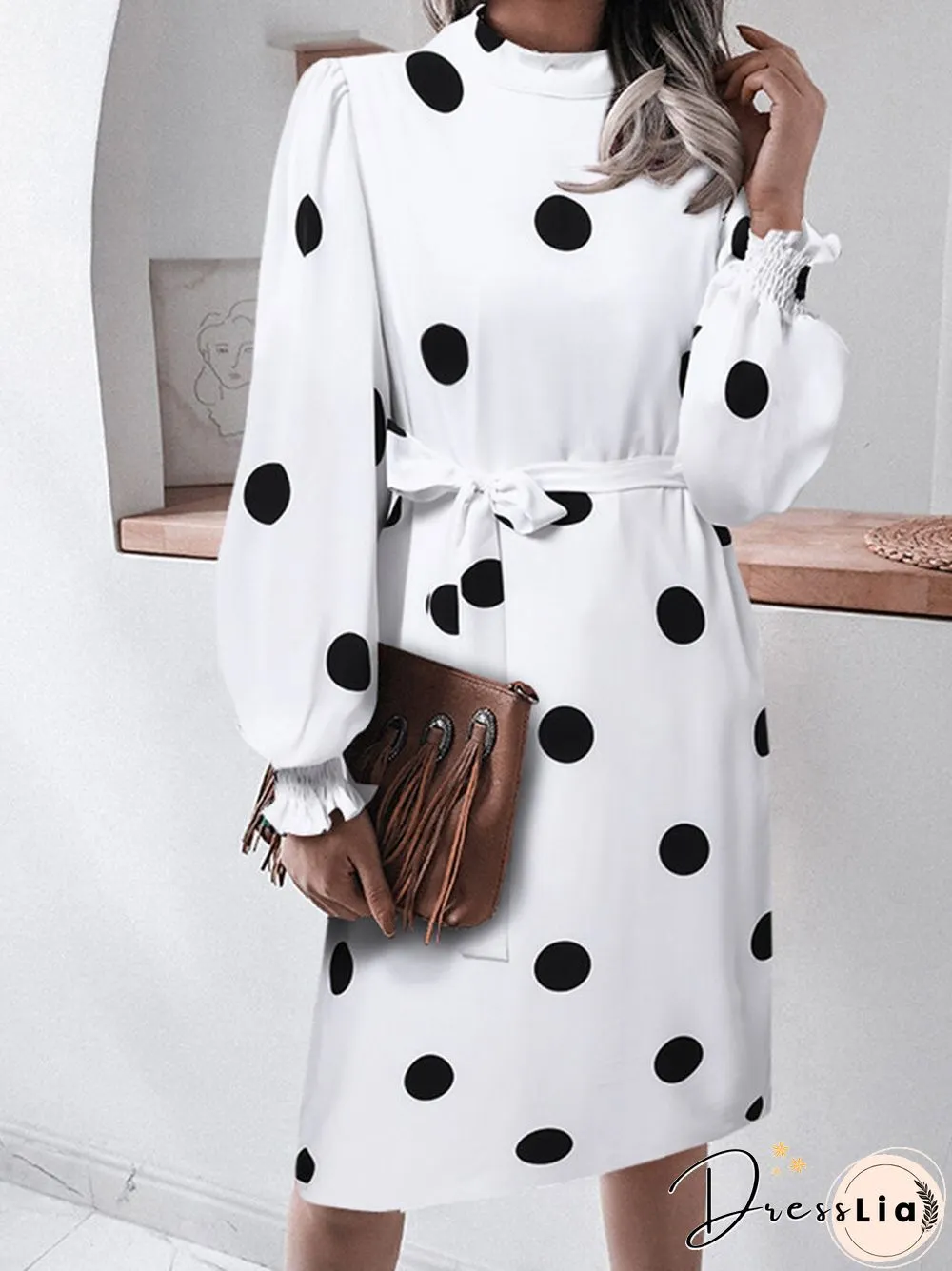 Dot Print Puff Long Sleeve Shirred Stand Collar Dress With Belt