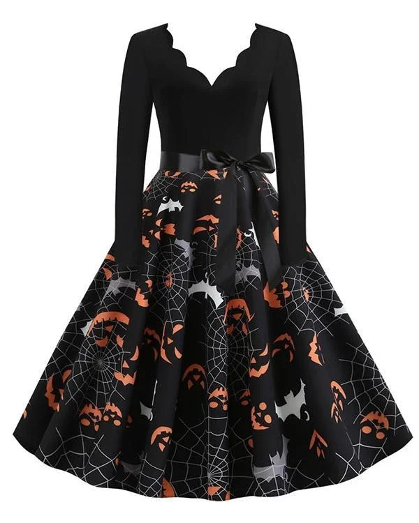 halloween pumpkin v neck print dress with waistband p433140