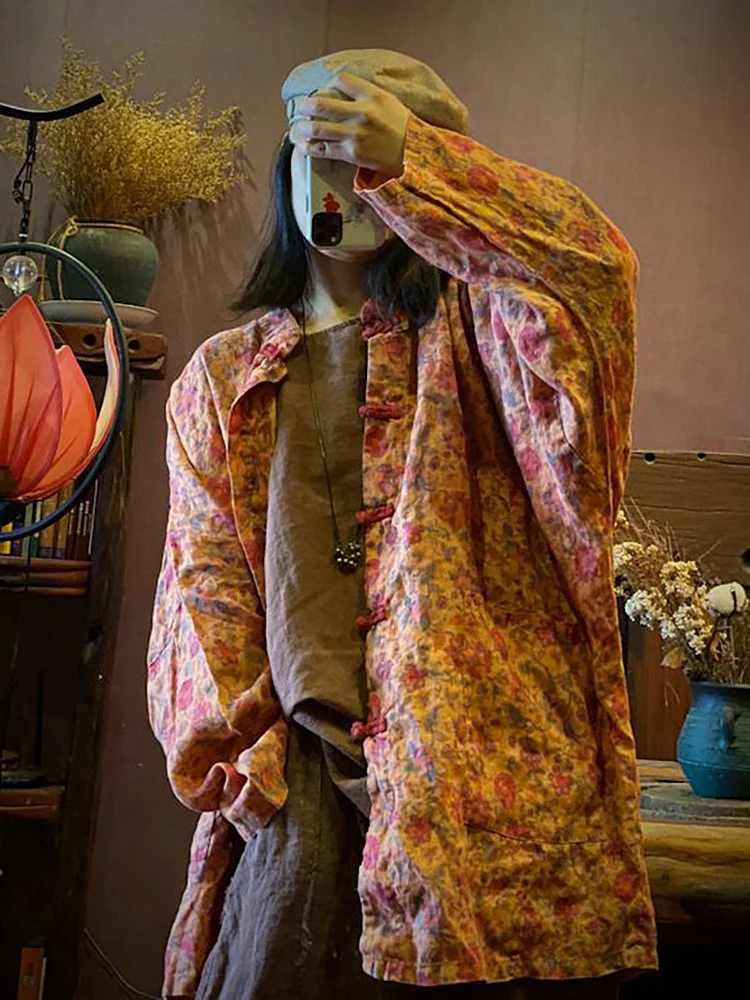 Women Print Vintage Linen Loose Coat