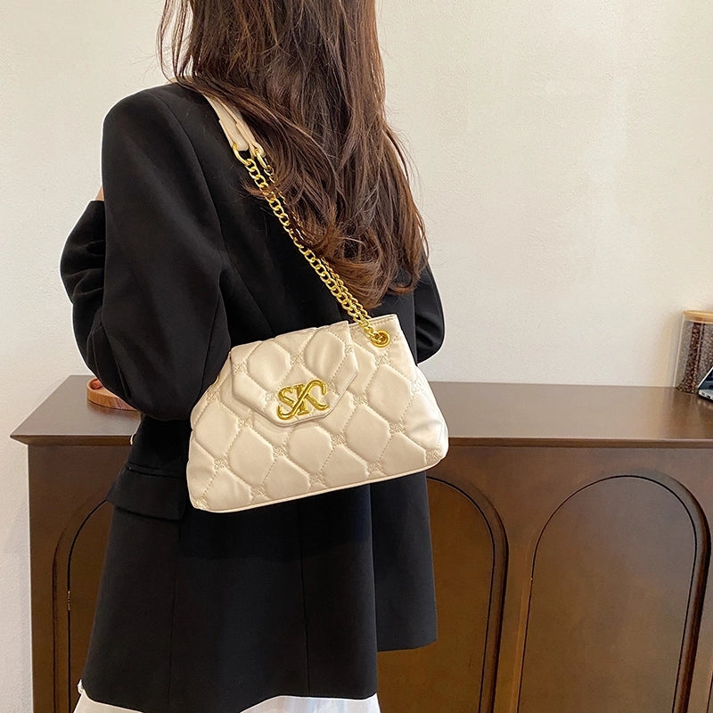 Women’s Pu Leather Letter Lingge Elegant Sewing Thread Square Flip Cover Crossbody Bag